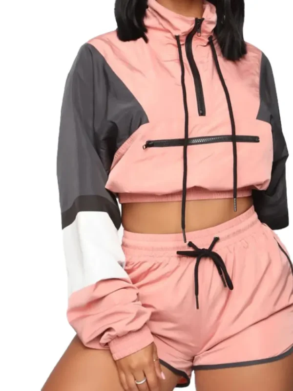 Women's Front Zipper Crop Jacket And Shorts