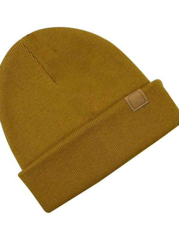 Unisex Custom Leather Patch Premium Itch Free Warm Wool 50% Ribbed Knit Cuff Beanies Winter Hats for Men and Women
