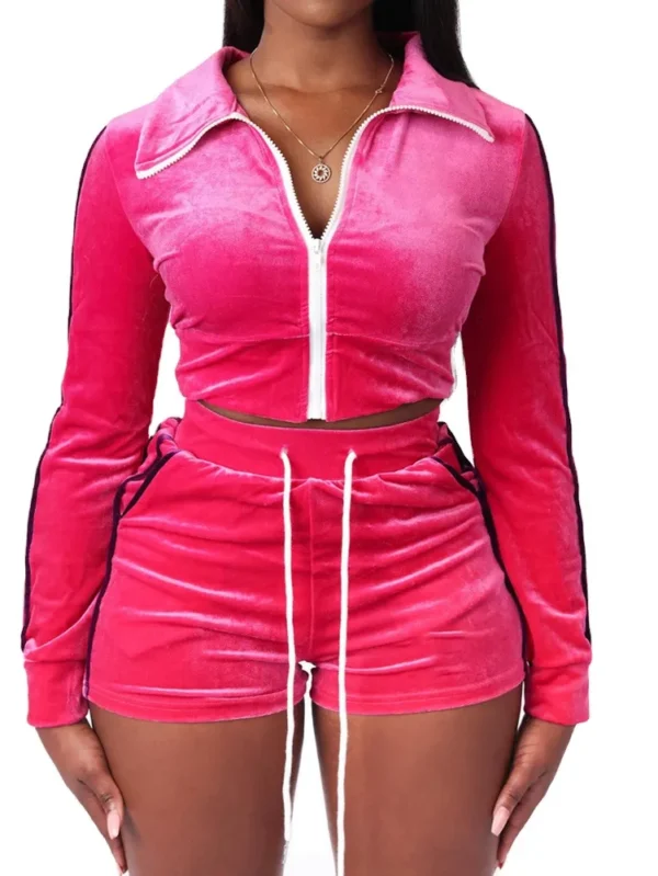 Trendy Velour Crop Top Short Sets for Women