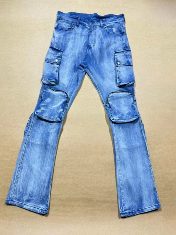 Custom Luxury Stacked Denim Cargo Pants Acid Washed Black