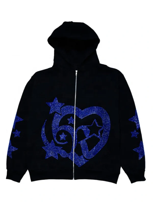 Fashionable Silver Rhinestone Men's Full Zip Up Hoodies