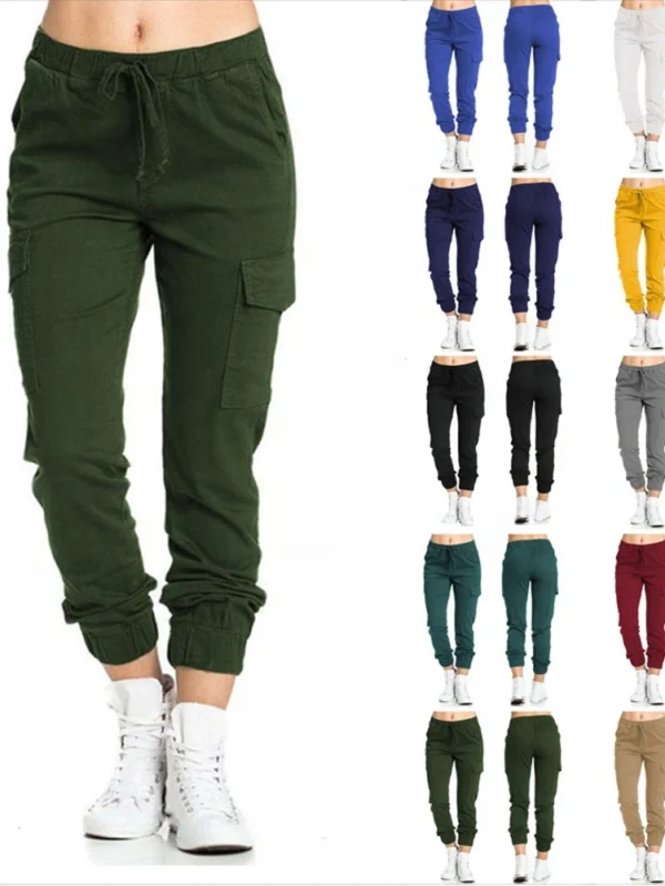 Ladies Cargo Pants Casual Elastic Waist String Side Pocket