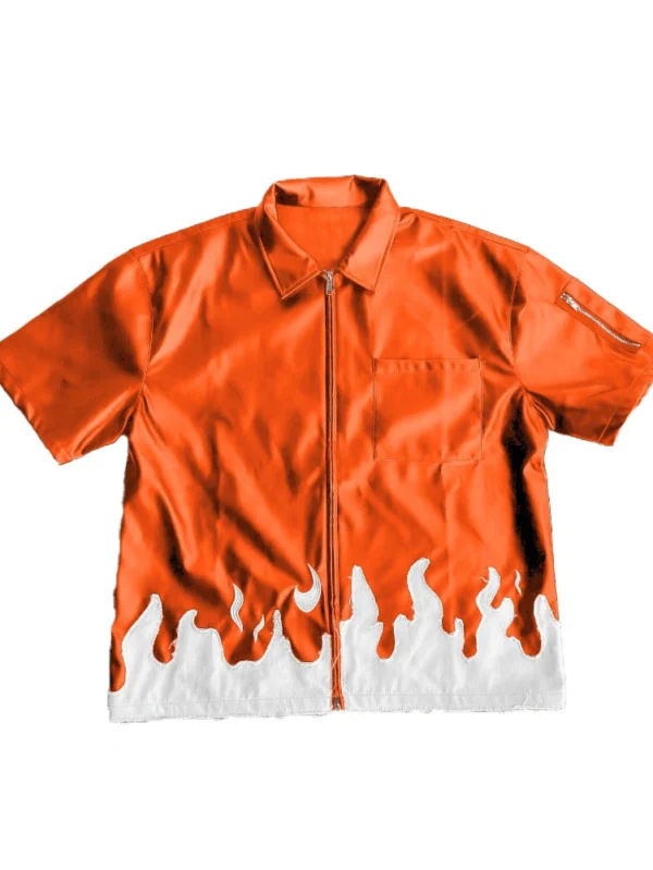 Oversized Hip Hop Leather Shirt with Distressed Embroidery