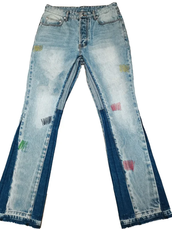 Stylish Custom Embroidered Distressed Flared Denim Carpenter Jeans