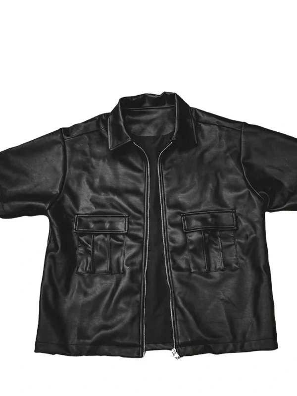 Stylish PU Leather Shirt with Distressed Applique Embroidery